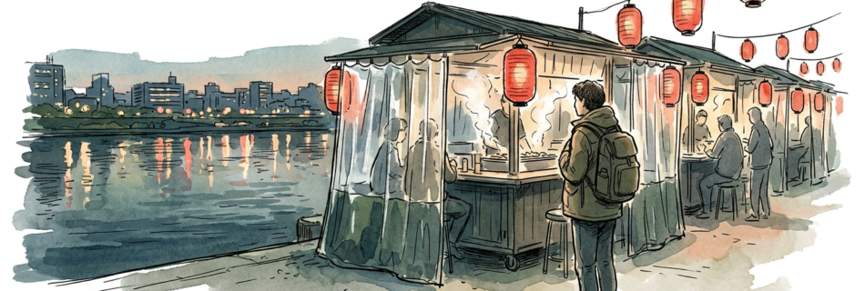 A single traveler standing at dusk beside a riverside row of small Japanese food stalls with red paper lanterns and clear plastic curtains, steam rising, city lights reflecting on the river