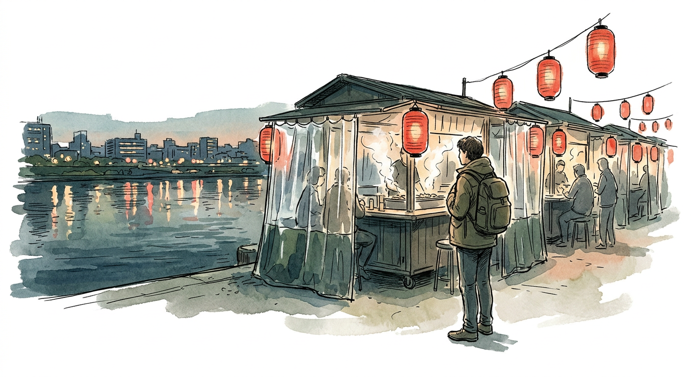 A single traveler standing at dusk beside a riverside row of small Japanese food stalls with red paper lanterns and clear plastic curtains, steam rising, city lights reflecting on the river