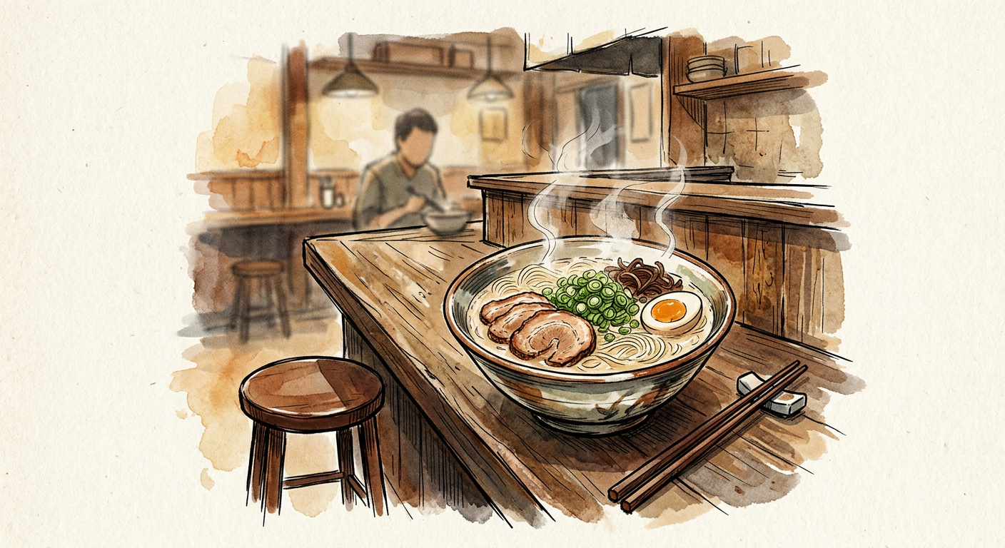A bowl of milky-white tonkotsu ramen with thin noodles, chashu and green onion on a wooden counter, a single empty stool beside it, steam rising