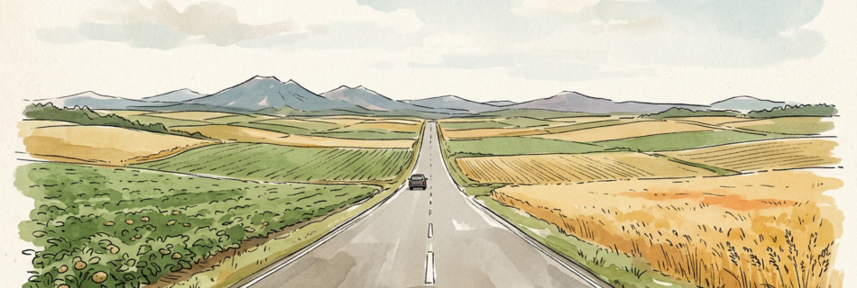 A long empty two-lane road running straight through vast rolling Hokkaido farmland toward distant volcanic mountains, a single small car on it, wide sky, late summer fields of wheat and potatoes
