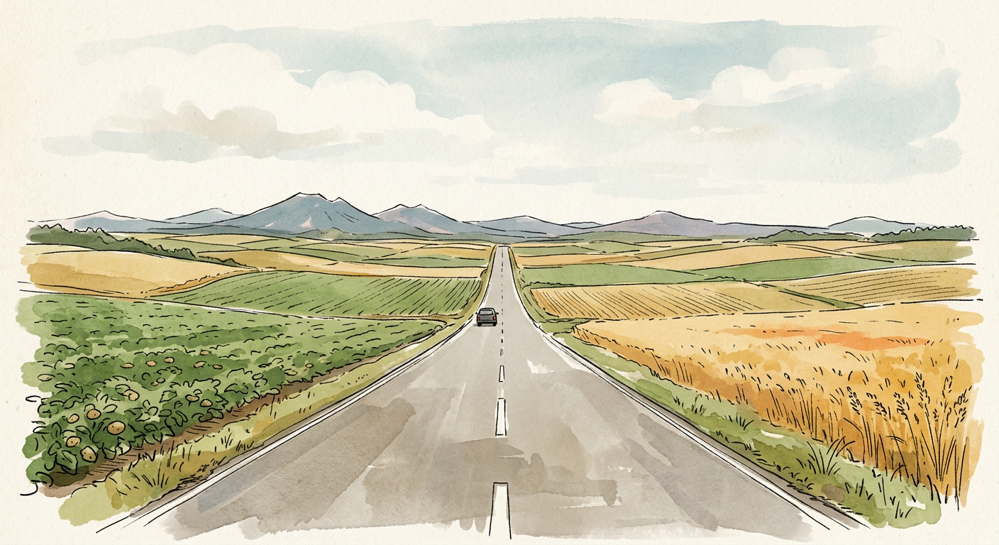 A long empty two-lane road running straight through vast rolling Hokkaido farmland toward distant volcanic mountains, a single small car on it, wide sky, late summer fields of wheat and potatoes