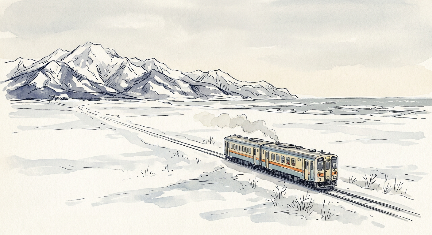 A small train crossing a snowy plain in Hokkaido with mountains behind, and in the far distance drift ice on a pale gray sea