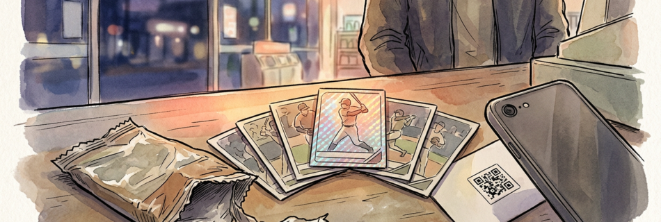 A torn-open foil trading card pack on a Japanese convenience store counter at evening, seven baseball cards fanned out, one card shimmering holographic, a smartphone beside them scanning a small square code printed on the back of one card