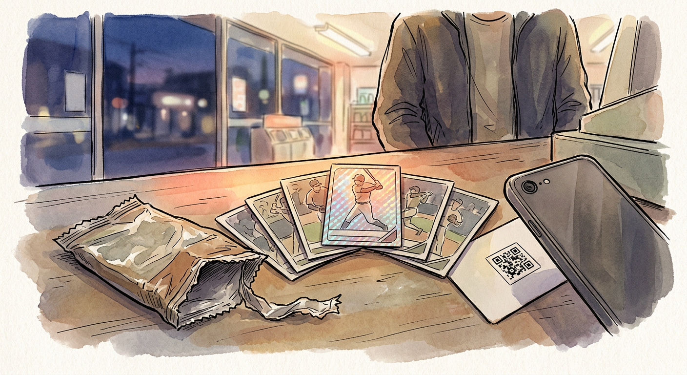 A torn-open foil trading card pack on a Japanese convenience store counter at evening, seven baseball cards fanned out, one card shimmering holographic, a smartphone beside them scanning a small square code printed on the back of one card