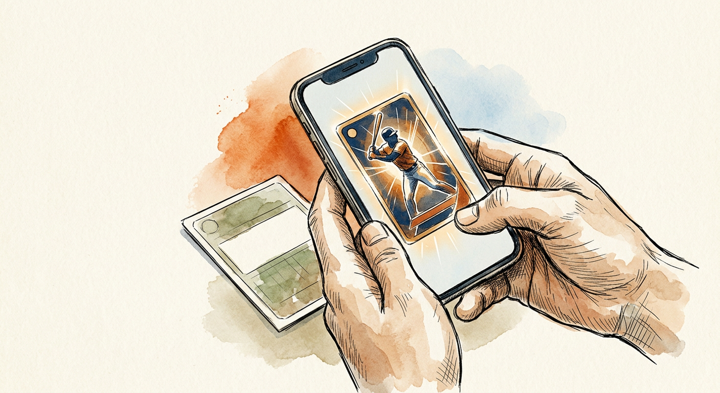 Close view of hands holding a smartphone over the back of a baseball trading card, the phone screen showing the same card appearing as a glowing digital card