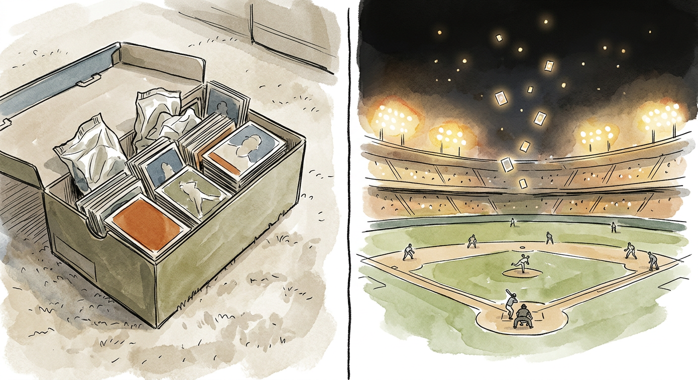 Split scene: on the left a 1990s American shoebox full of baseball cards with crumpled wax pack wrappers on a bedroom carpet; on the right a modern night baseball stadium under bright lights with small glowing cards floating above the field like points