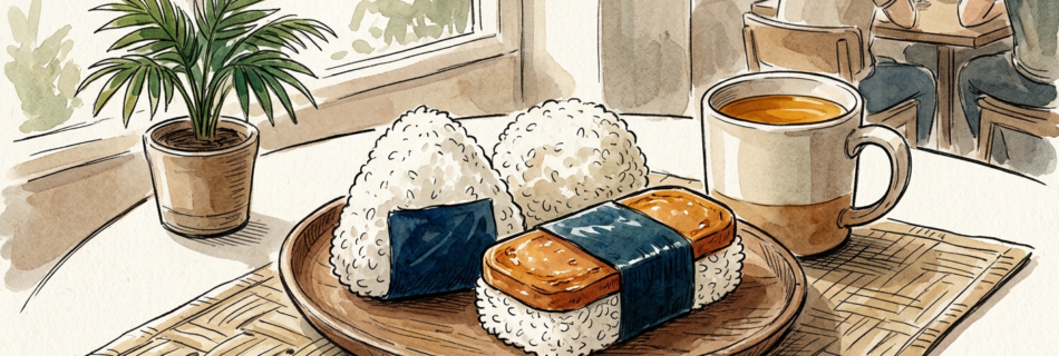 Three hand-pressed rice musubi on a small wooden plate: a classic triangle onigiri wrapped in nori, a round rice ball, and a rectangular Spam musubi with a glazed slice of pan-fried canned meat bound to a block of rice by a strip of nori