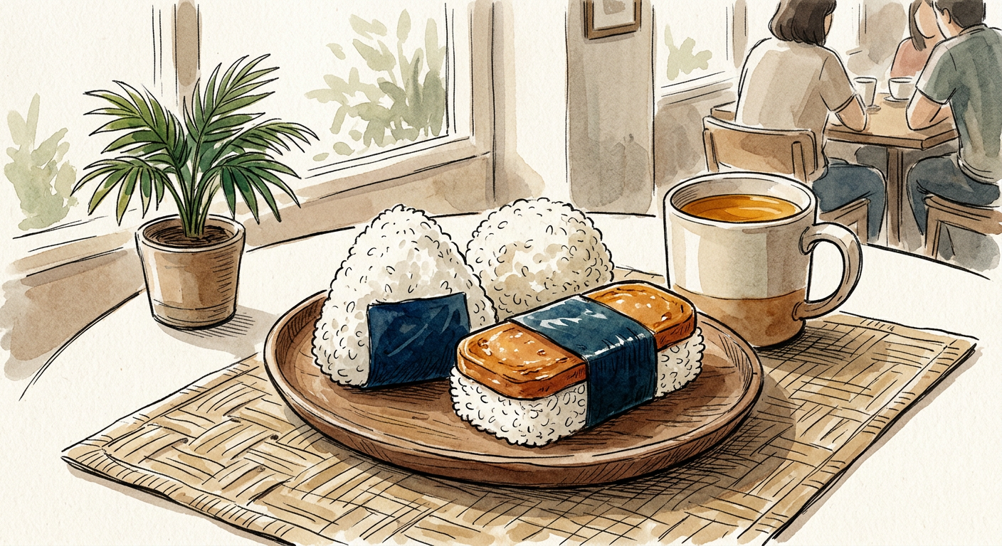 Three hand-pressed rice musubi on a small wooden plate: a classic triangle onigiri wrapped in nori, a round rice ball, and a rectangular Spam musubi with a glazed slice of pan-fried canned meat bound to a block of rice by a strip of nori