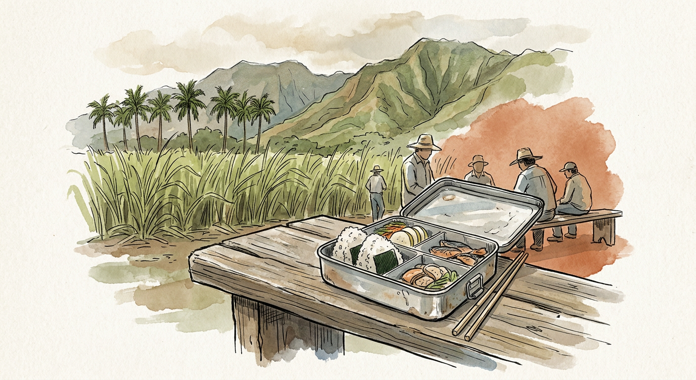 A Hawaiian plantation-era lunch scene: a worker's metal lunch tin opened on a wooden bench at the edge of sugar cane fields, holding rice balls wrapped in seaweed, palm trees and green mountains in the distance