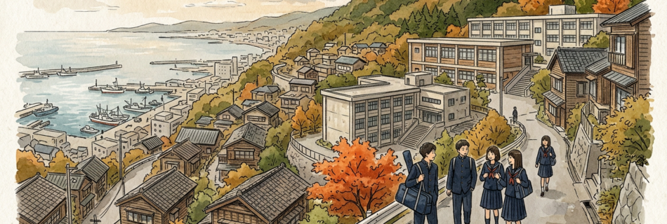 A hillside neighborhood in Otaru, Hokkaido, above a small harbor city, modest concrete school buildings set on the slope among old wooden houses, high school students in dark uniforms walking uphill, one carrying a baseball bat bag