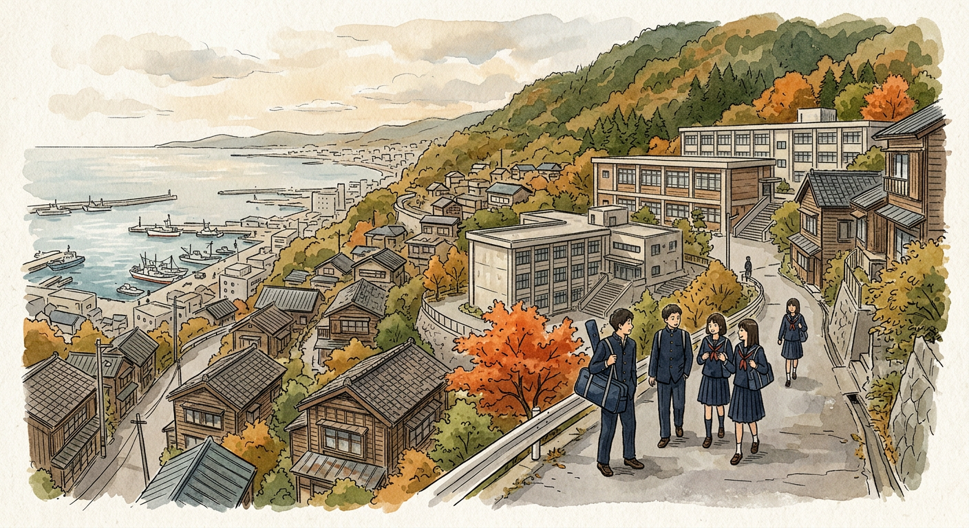 A hillside neighborhood in Otaru, Hokkaido, above a small harbor city, modest concrete school buildings set on the slope among old wooden houses, high school students in dark uniforms walking uphill, one carrying a baseball bat bag