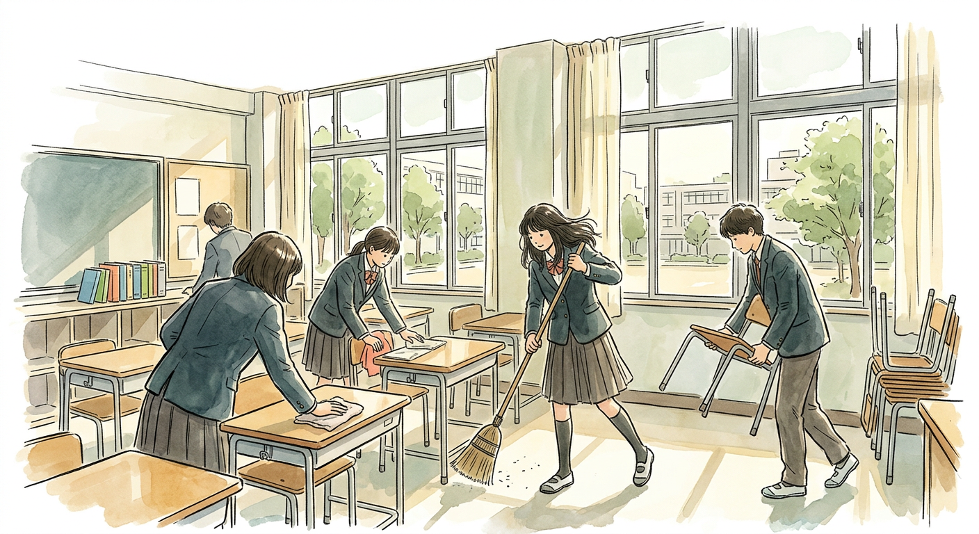 Japanese high school students in uniforms cleaning their own classroom together after lessons, one sweeping with a broom, others wiping desks and carrying chairs, afternoon light through big windows
